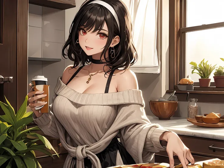  masterpiece, 1girl, Amazing Cleavage:1.3, thin waist, big ass, Raised sexy, medium breast:1.3,posed cleavage:1.2,solo, looking at viewer, open mouth, have a cup of coffee,black hair, red eyes, dress, bare shoulders, jewelry, collarbone, sidelocks, hairban...