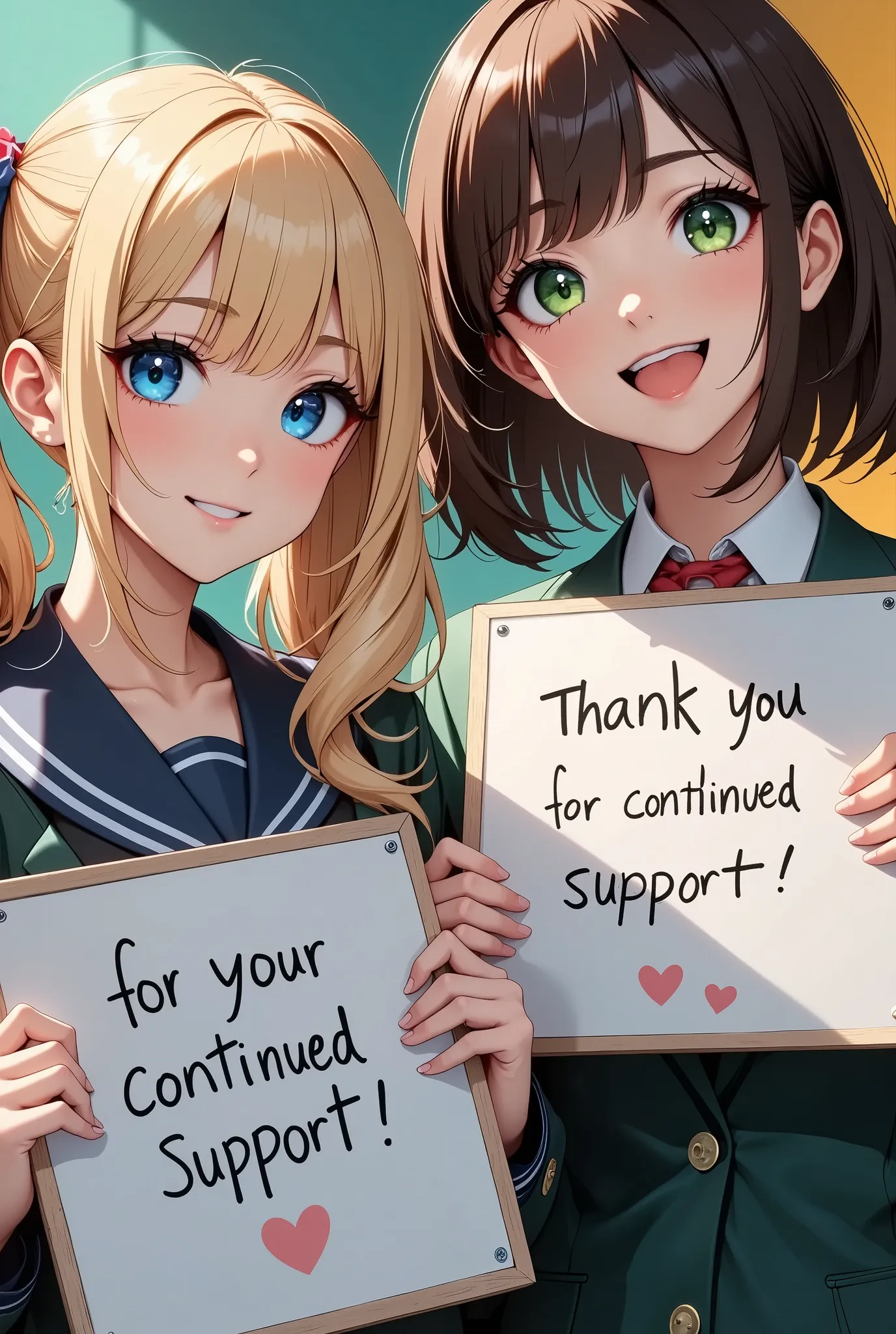 Two girls are holding whiteboards。 letters drawn on a whiteboard :Thank you for your continued support., Girl on the right: Brown Hair,  bob cut from the front, Green blazer,  shirt ,  hair with sharp ends , The girl on the left: Blonde,,  twin tails,  sailor suit,  and smiles ,  colorful colored plain background , ( High Quality,4K,8k,High Resolution, masterpiece :1.2),Ultra fine,( real,フォト real, photorealistic :1.37), cinematic lighting ,