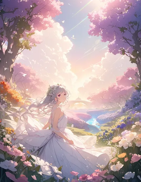  one girl 、Elegant smile、Grey Hair、 fairy dress 、Feathery Decor 、Soft Poses 、 Dreamy Pink Eyes 、 Delicate Skin, Line Break, In the Morning Light 、(Soft light):1.3、Warm colors、 amazing vibe 、Harmony of Nature、Gentle Shadow、Peaceful space、 Fantasy Art Style,...