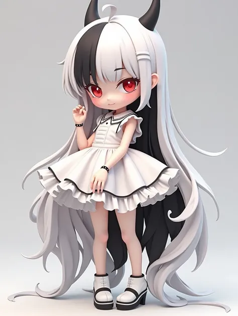 SD Character, The full body of a doll with horns and red eyes , ４Head to Body, Good Smile Company anime style as black and white split hair in the center ,  Nendoroid のようなスタイル,  Good Smile Company Anime Style, Burning, Anime Figures, Anime Figures, Of thos...