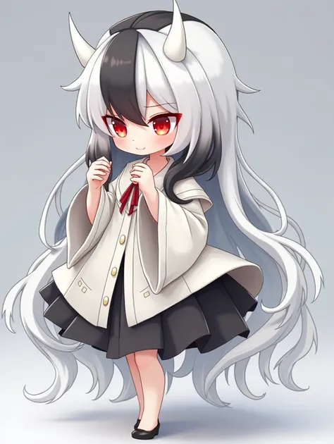 SD Character, The full body of a doll with horns and red eyes , ４Head to Body, Good Smile Company anime style as black and white split hair in the center ,  Nendoroid のようなスタイル,  Good Smile Company Anime Style, Burning, Anime Figures, Anime Figures, Of thos...