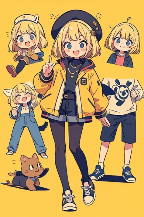 impressive blonde woman 、Bob Hair、 black pantyhose 、 jacket、 shorts、smile、 cute shoes and accessories、Keep one&#39;s knees、 blue eyes,  Bright Eyes , Droopy eyes,  eyes sparkle, Light blue clothes