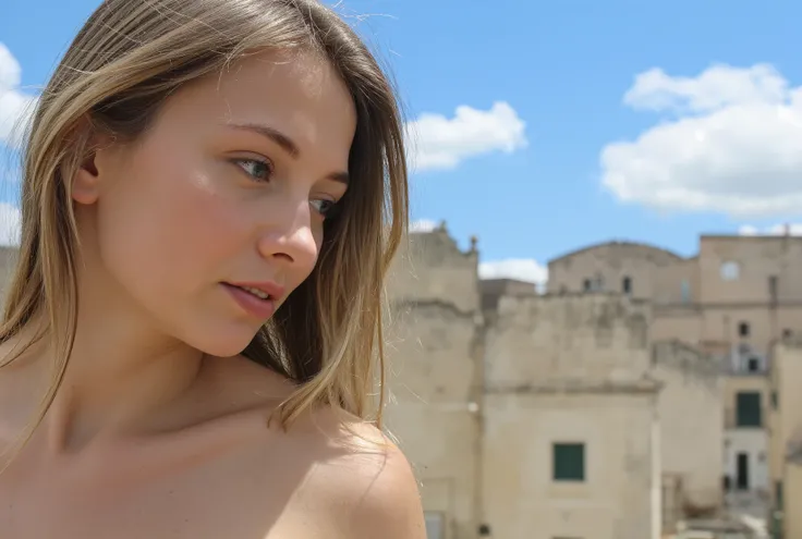 (professional photo of gorgeous woman in Matera). Matera dreaming scene.. [UHD, masterpiece, very detailed, sharp focus, ((skin marks, moles, smooth skin, real pores, moles on skin, stretch marks, natural skin:1.8)), textured skin, high details, high quali...