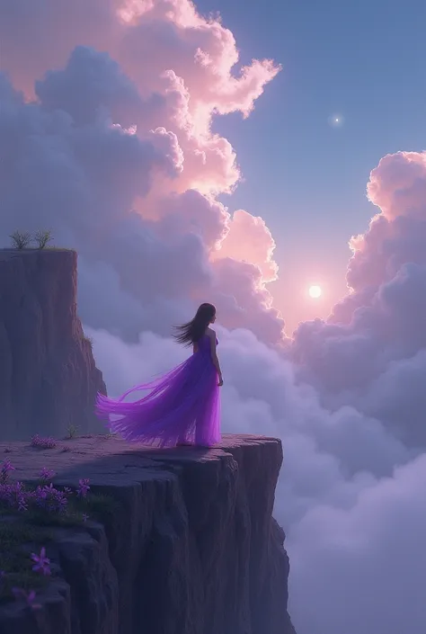  A stunning and highly detailed work of fantasy art ,  featuring a girl in purple ,  standing on a cliff overlooking a sky filled with gray clouds,  with a tinge of purple that amazes the beauty of the Heavenly Realm , as if in amazement .  Dominated by gr...