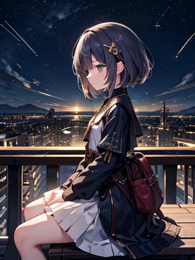  best quality, masterpiece,  Very detailed,  detailed background, Anime,  1 girl,  young girl,  petite girl with medium hair, SF, SF, Outdoor,   knight ,  starry sky , greenhouse, huge structure, , wind景, scenery,  horizon , rooftop, sitting on rooftop, wi...