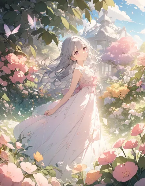  one girl 、Elegant smile、Grey Hair、 medium hair、 fairy dress 、Feathery Decor 、Soft Poses 、 Dreamy Pink Eyes 、 Delicate Skin, Line Break, In the Morning Light 、(Soft light):1.3、 upper body、Warm colors、 amazing vibe 、Harmony of Nature、Gentle Shadow、Peaceful ...