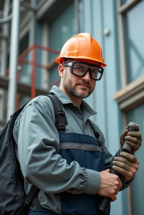 an electrical engineer facing the camera with work clothes and work goggles, not old, middle age with the building hes working on, the picture is good but make him in his 25