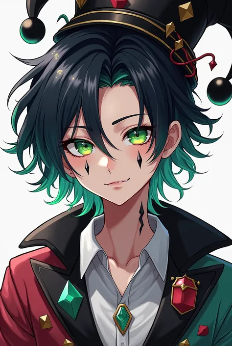 full anime style,teenage boy, Black medium hair with inner rainbow highlights.Natural big black diamond tattoos on the face. Usually wears fashionable jester outfit,Clothing colour are White,Black and Red.Wears a Jester hat.Eyes is the colour of green.