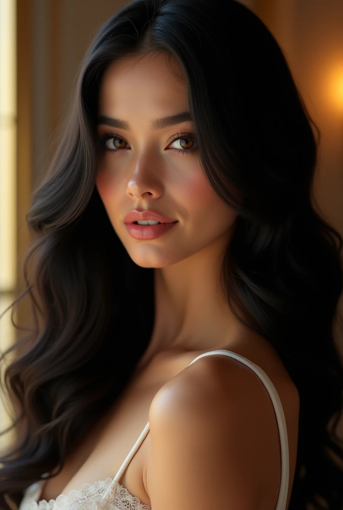 a beautiful woman with long, wavy black hair flowing gracefully down her shoulders and framing her face, 1girl, detailed portrait, stunning, elegant, luxurious, detailed facial features, beautiful eyes, long eyelashes, full lips, intricate hairstyle, soft ...