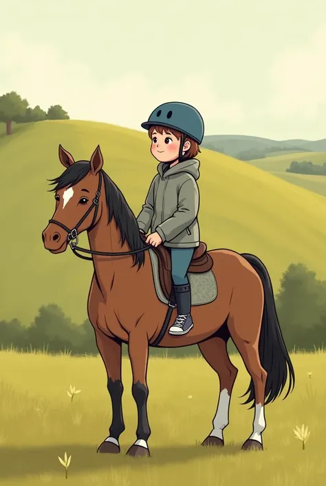 Une jeune femme handicapée et mignonne aux courts cheveux châtain clair, fait du cheval. Elle porte un anorak gris court et un casque de cheval bleu. Elle est fière. Elle sourit. Elle regarde au loin  Elle est dans la campagne en Normandie, dans le bocage....