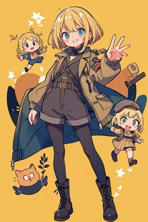 impressive blonde woman 、Bob Hair、 black pantyhose 、 jacket、 shorts、smile、military boots and accessories、Keep one&#39;s knees、 blue eyes,  Bright Eyes , Droopy eyes,  eyes sparkle, Light blue clothes、