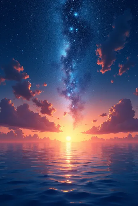 Sunset over ocean with starry sky and plenty of bright Light Stars in the sky, artsy