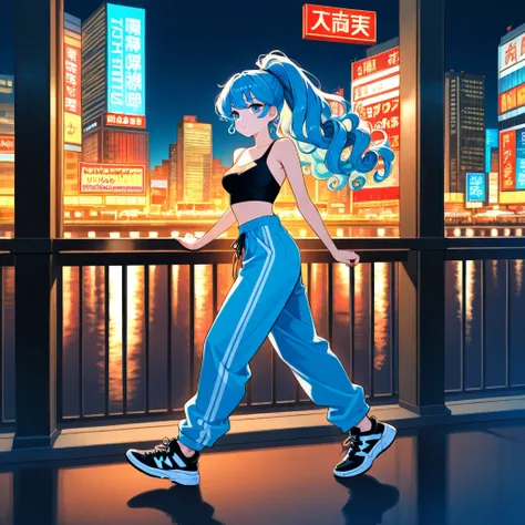  1 A girl wearing oversized pants ,  black short top and high-soled sneakers with red, slightly curly hair of medium length ,  they are gathered in a high ponytail .  Blue eyes. 
Walking through Yokohama City , heading to the airport 