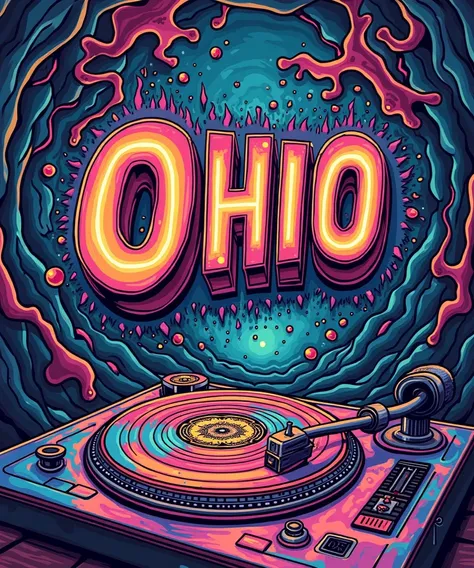 drawing with psychedelic background with OHIO Text and Hip Hop Style