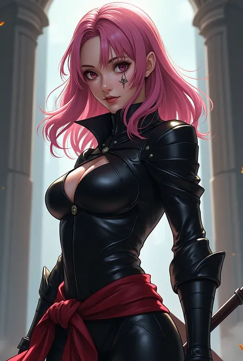 female assassin, pinkish medium long hair, sexy lether armor, scratch over the left eye,anime style