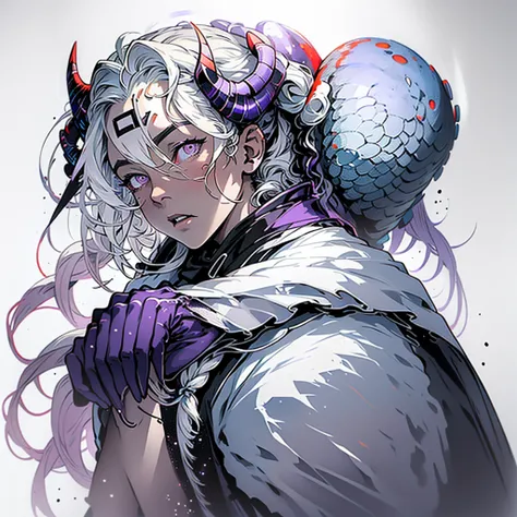 Lonely boy.  thoughtful look . open forehead .  art.  white hair.  BRAIDED ON ONE SIDE .  winding horns wrapped in ribbon.  black and purple eyes .  snow-white cloak with hood .  white shorts .  white t-shirt. STOCKING . stone walls moonlight on a winter n...