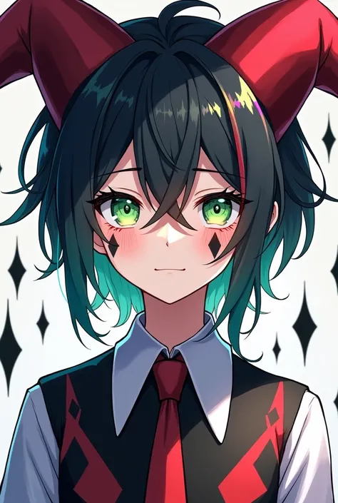 full anime style,teenage boy, Black medium hair with inner rainbow highlights.Natural large black diamond tattoos under the eyes. Usually wears fashionable jester outfit,Clothing colour are White,Black and Red.Wears a Jester hat.Eyes is the colour of green...