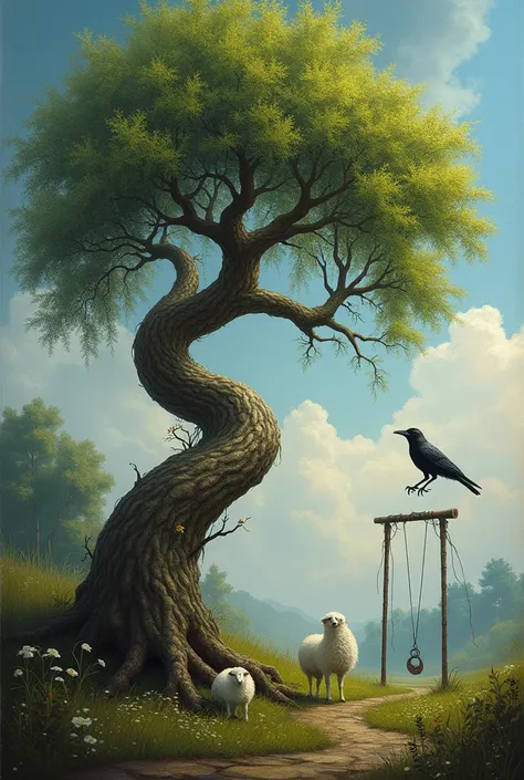 A painting of a crazy willow tree combs the breeze with a hand, a small lamb leeches calmly, and a cheerful little crow swings on the tree. A harrowing gallows the mud to fly to the nest.