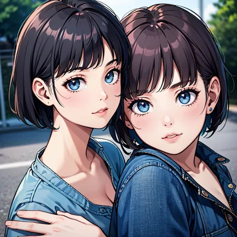 A woman with a choppy black bob haircut, beautiful detailed blue eyes, wearing a plain black t-shirt, large breasts, blue jeans, and sandals, (best quality,4k,8k,highres,masterpiece:1.2),ultra-detailed,(realistic,photorealistic,photo-realistic:1.37),portra...