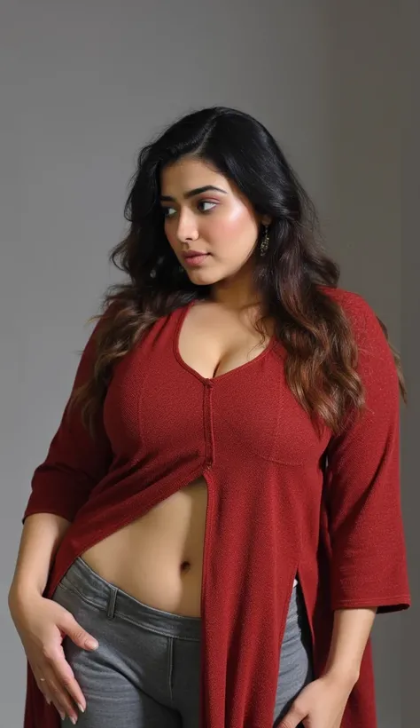 Beautiful indian plus size chubby women in kurti legging churidar tight in a market hot flying kurti, Gray legging, red side slit open kurti,big breast,big ass, huge ass,beautiful face, celebrity face,full body image,side view,cinematic:1.3), intricate det...