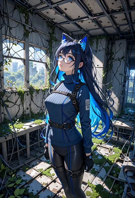 8K Ultra High-Quality, ultra-detailed, High quality, dark blue hair, Blue inner layer hair, blue eyes, long hair, Cat ears, glasses, gloves, turtle neck sweater, spandex pants, opened jacket, body harness, close up, full body, distance, side view, looking ...