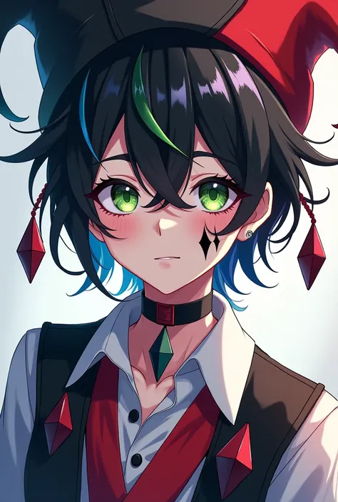 full anime style,teenage boy, Black medium hair with inner rainbow highlights.Natural large black diamond tattoos under the eyes. Usually wears fashionable jester outfit,Clothing colour are White,Black and Red.Wears a Jester hat.Eyes is the colour of green...