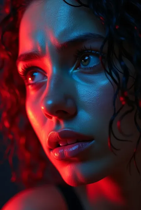 A realistic, ultra-realistic 8K close-up of a persons face with an expression of struggle and hope, as if they had just managed to win a fight. The person is illuminated by vibrant, contrasting lights. The image is an expressive representation of a person ...