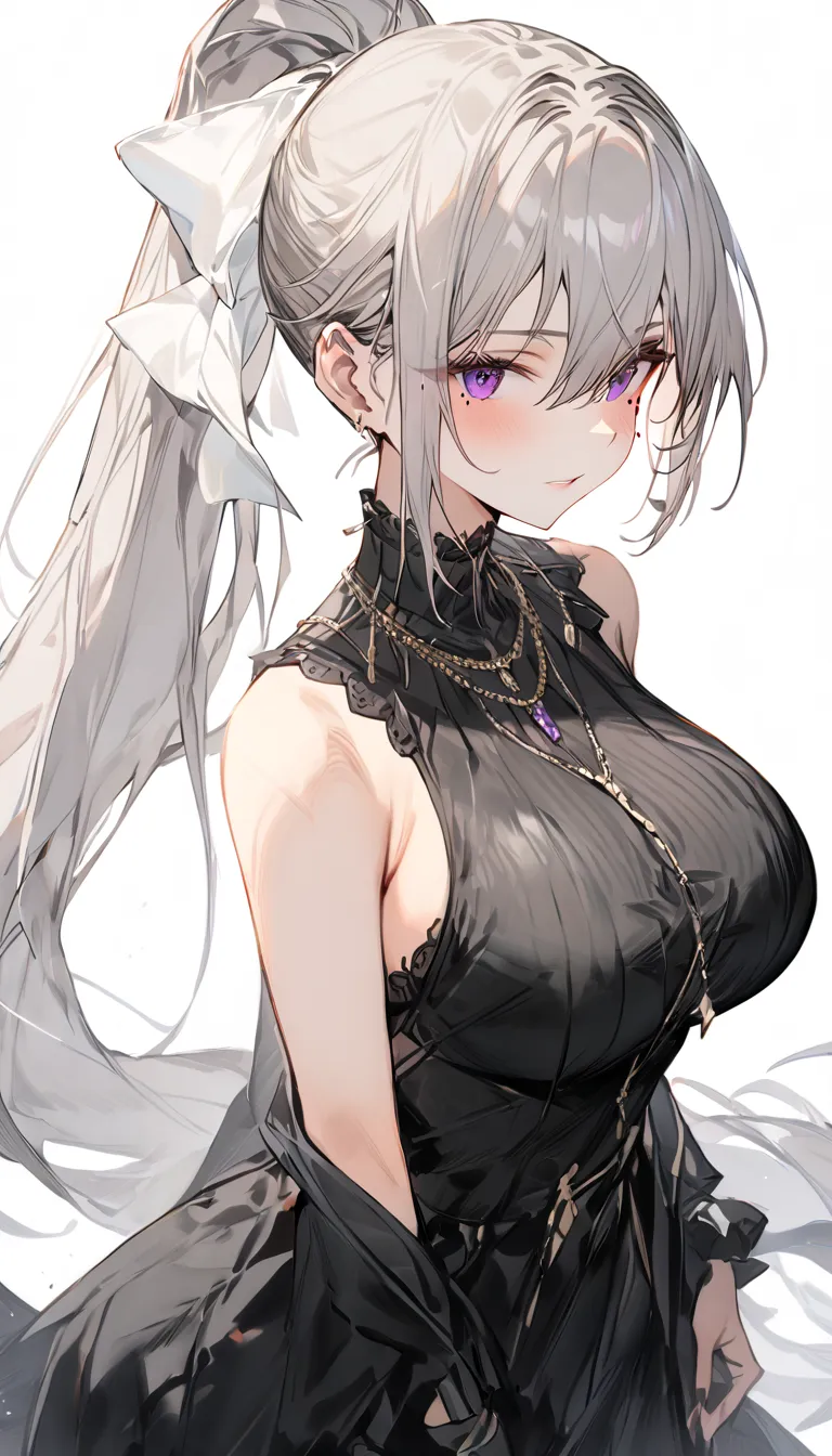  (masterpiece:1.2), ( best quality :1.2),  perfect eyes,  perfect face,  1 girl,hk1, purple eyes, grey hair, hair between eyes, long hair, very long hair, ponytail, mole, mole under eye, bow, white bow,big breasts,