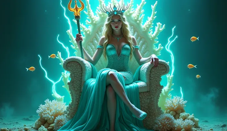 An ocean goddess sits confidently on a throne made of coral, seashells, and pearls, with glowing aqua tendrils weaving through its structure. Her shimmering turquoise outfit is detailed with scale-like patterns and adorned with pearls. Her crown, crafted f...