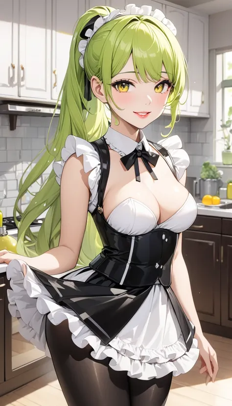 (cute and delicate), (immensely beautiful illustration), (best sexy yellow eyes) (beautiful glossy lip), ((beautiful sexy makeup)), (ecstacy grin smile), in a Elegant maid clothes, cute skirt, sexy black tights, sexy Thighs, (a medium tits age 15 girl is g...