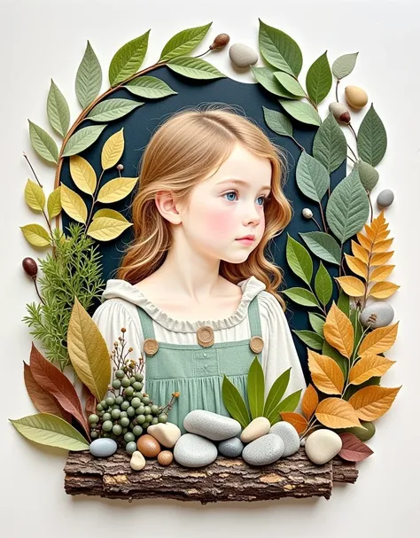  leaves and seeds of various plants、 bark and other parts ，Make a handmade sticker with stones ，Watercolor Pencil， ，The picture is a beautiful girl，Simple composition ， Masters work