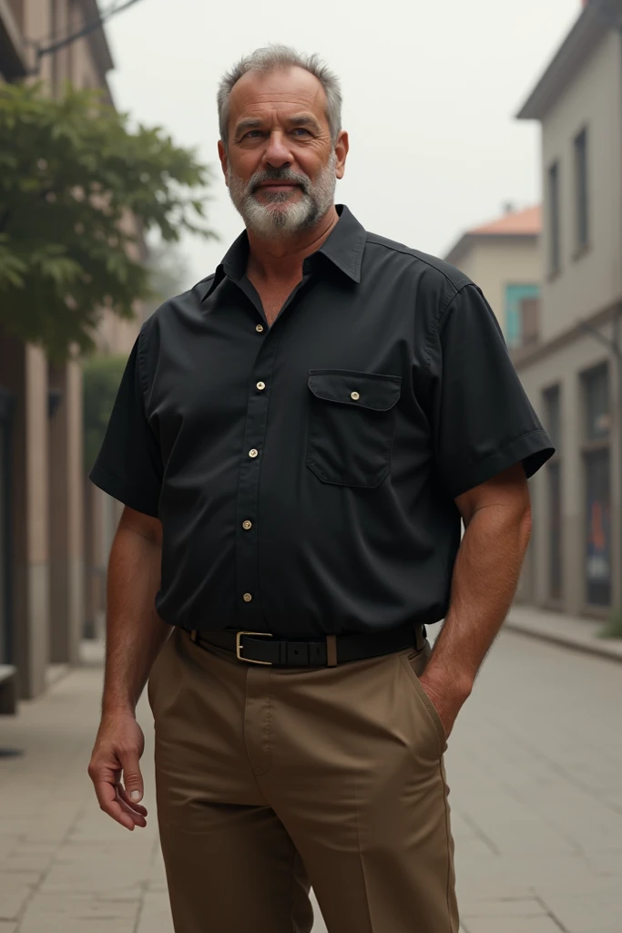 A man wearing a black shirt and a brown trousers 