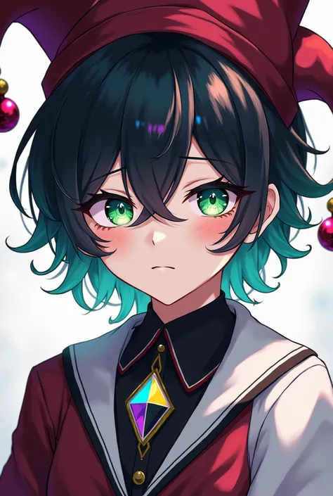 full anime style,teenage boy, Black medium hair with inner rainbow highlights.Natural large black diamond tattoos under the eyes. Usually wears fashionable jester outfit,Clothing colour are White,Black and Red.Wears a Jester hat.Eyes is the colour of green...