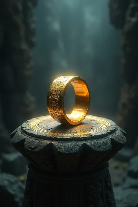 
1. Prompt 1: "The One Ring, glowing with inscriptions, resting on an ancient stone pedestal surrounded by shadowy light