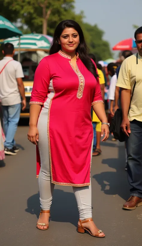 Beautiful indian plus size chubby women in kurti legging churidar tight in a market hot flying kurti, Gray legging, red side slit open kurti,big breast,big ass, huge ass,beautiful face, celebrity face,full body image,side view,cinematic:1.3), intricate det...