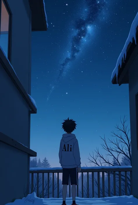 A 18 year anime boy looking into sky from his home balcony ‘Ali’ named on his dress, winters night