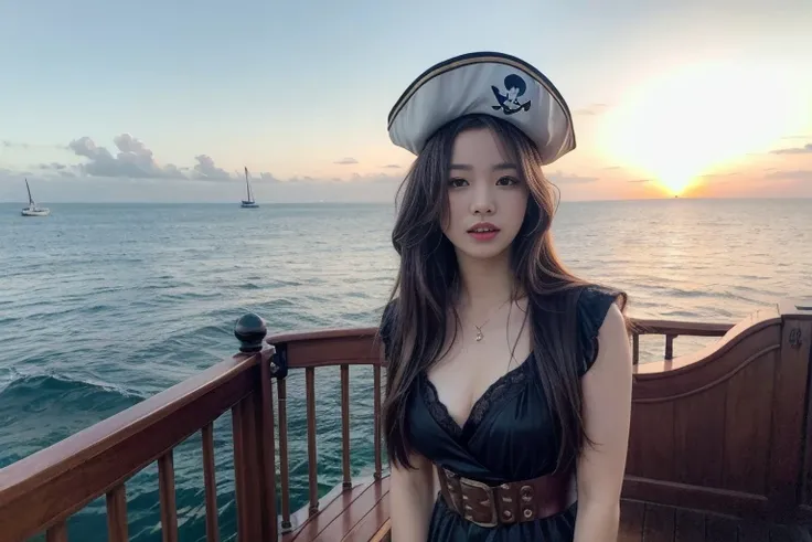 20-year-old super beautiful Japanese female pirate , Beautiful female pirate standing on the deck of an old sailboat pirate ship。 pictures of super beautiful and cute Japanese female pirates that are big hits around the world。名作で有名な巨匠の写真家が撮影した大ヒットのmasterpi...