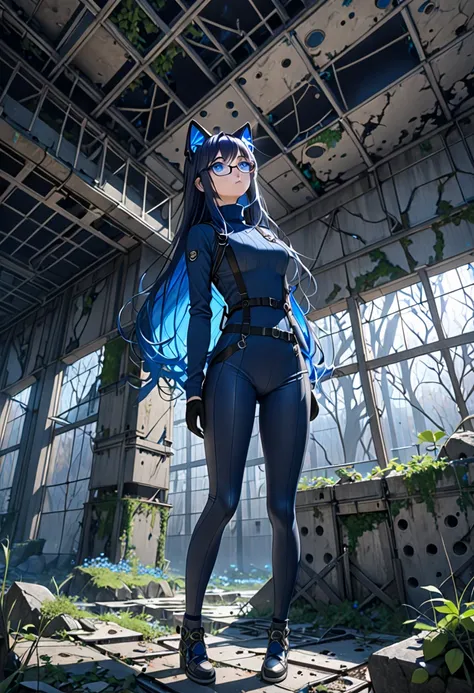 8K Ultra High-Quality, ultra-detailed, High quality, dark blue hair, Blue inner layer hair, blue eyes, long hair, Cat ears, glasses, gloves, turtle neck sweater, spandex pants, body harness, close up, full body, distance, side view, looking up the celling,...