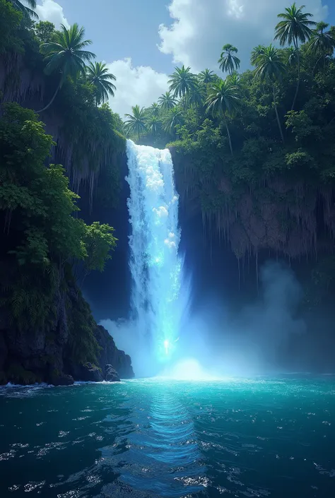 Waterfall of Light on a Tropical Island: A waterfall on an isolated island emits a soft light, as if the waters are charged with magical energy. The surrounding vegetation is illuminated in shades of green and purple.