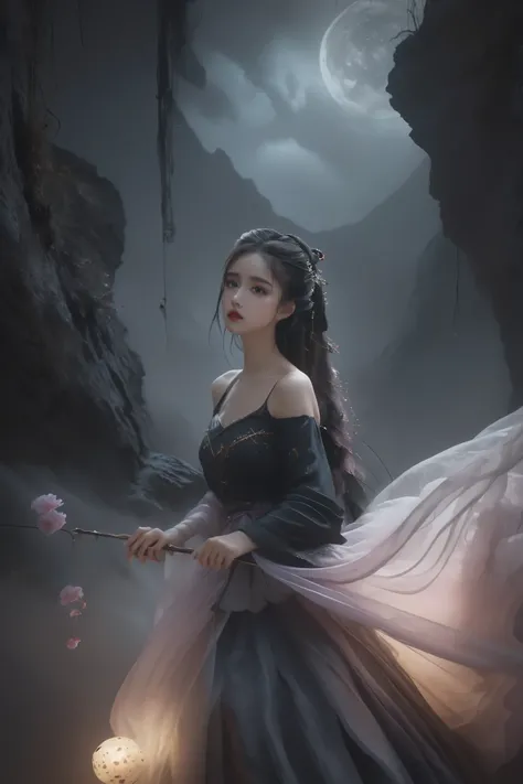 UHD, 8K, ultra detailed, a cinematic photograph of Dark Fantasy Art, a girl with Tulle skirt,making eye contact, dark, moody, dark fantasy style, beautiful lighting, great composition