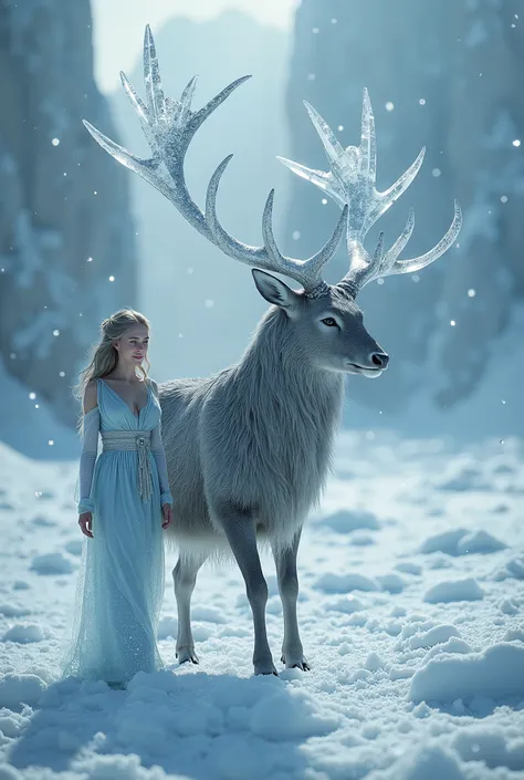 A Norse goddess walking through an eternal ice field, accompanied by a giant deer with antlers made of crystal, as snowflakes shaped like runes fall around her. Photorealistic quality, with intricate ice textures, lifelike fur on the deer, and soft light d...