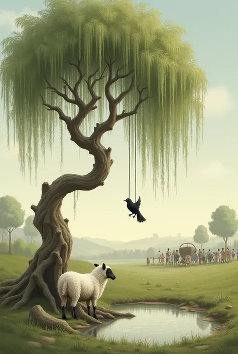 The painting of a crazy willow tree was hit by the breeze and a small lamb was drinking a calm atmosphere, and a cheerful little crow was swinging on the tree. A crowed in Nukesh carried the mud to the nest.