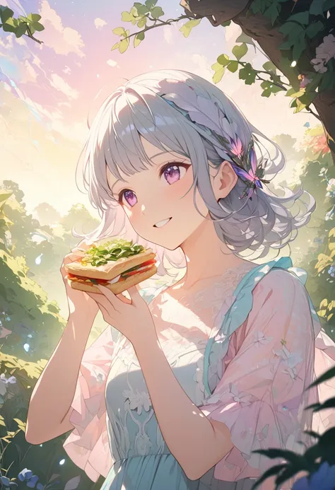   one girl  、 elegant smile 、Grey Hair、  medium hair、 fairy dress  、feather decoration  、Soft Poses  、  dreamy pink eyes、high nose、 delicate skin, Line break , Morning Light 、(Soft light):1.3、  upper body up  、Warm colors、 Amazing vibe  、Harmony of Nature、...