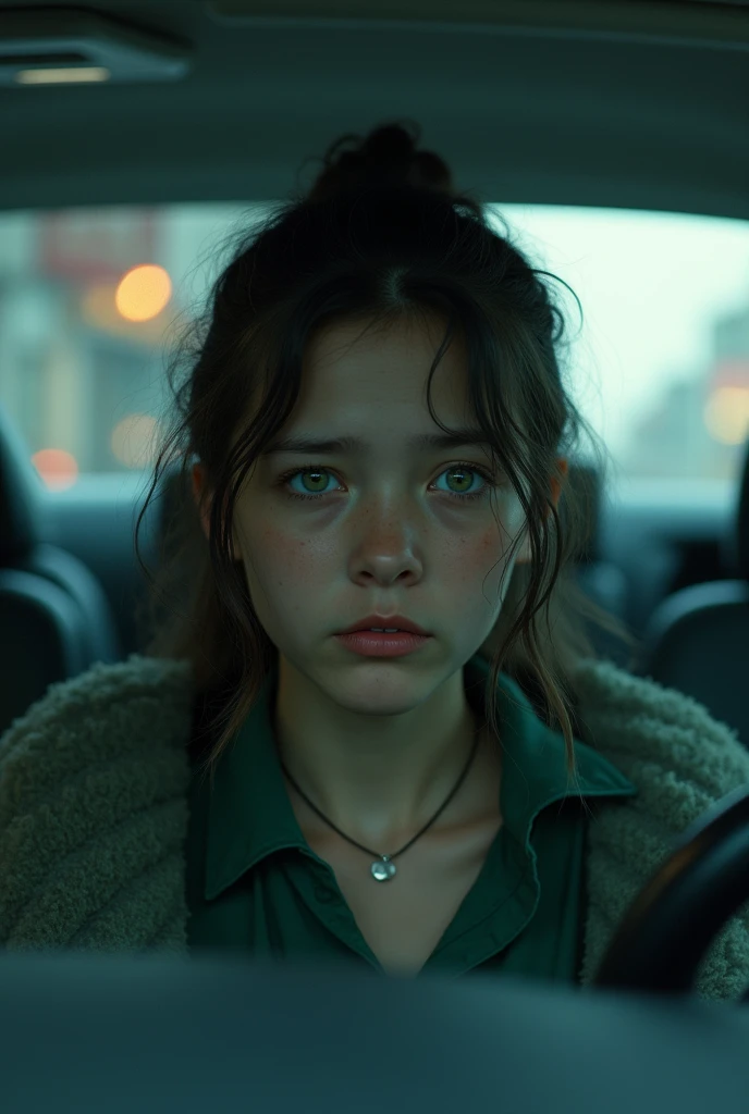 a scared green-eyed teenage girl in the back seats of a driverless car 