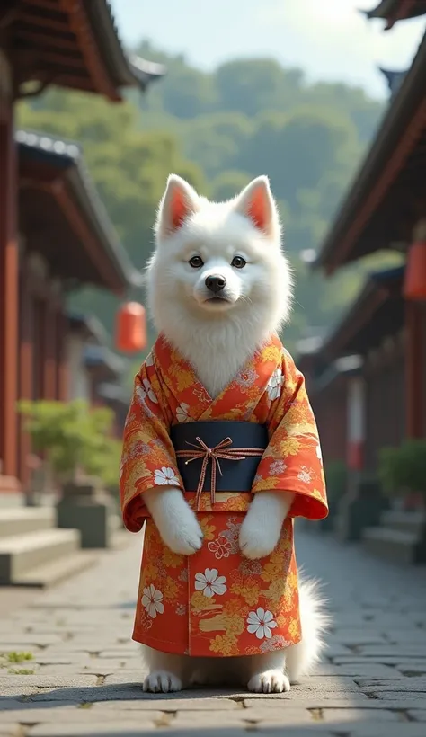 Real white dog 　 standing on two legs facing the front in a kimono　Background Kyoto 