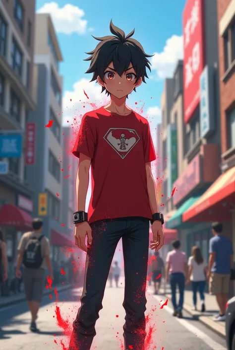 Anime boy with red blood tshirt on the street transform to superhero like mochi.