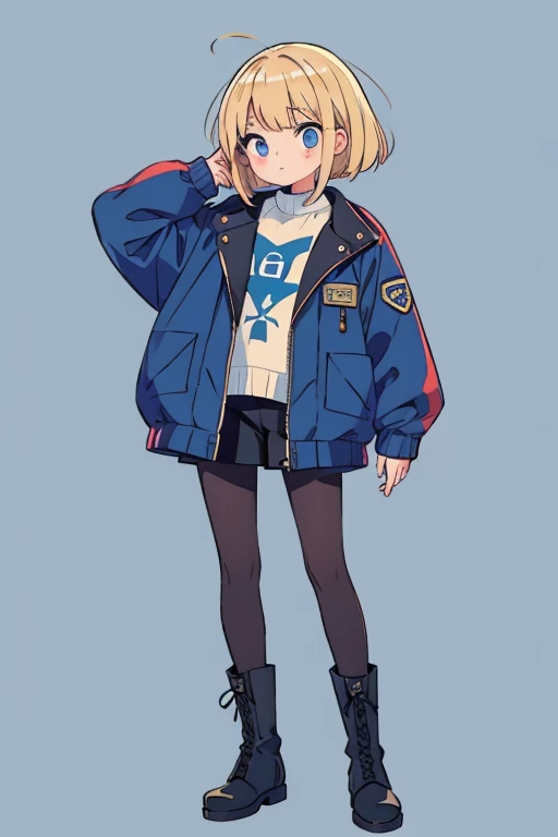 impressive blonde woman 、Bob Hair、 black pantyhose 、 blue jacket 、 mile、military boots and accessories、Keep one&#39;s knees、 blue eyes, Droopy eyes,  eyes sparkle,  Bright Eyes 