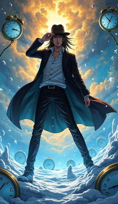 A masterpiece illustration of Jotaro Kujo from JoJos Bizarre Adventure, standing in a time-stopped world, with shattered clocks floating in mid-air. His iconic hat and coat are blowing dramatically in the frozen wind, surrounded by golden and blue light cr...