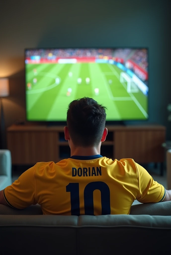 Robust white man sitting watching the soccer game of the Colombian national team sitting on his back with the shirt of the Colombian national team wearing the name Dorian and the number 10