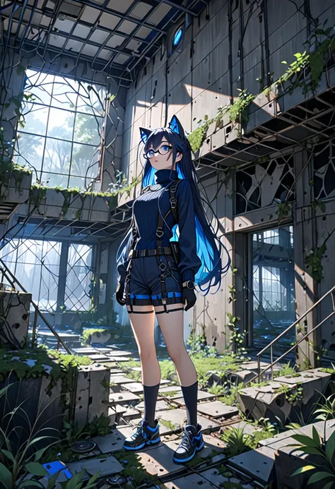 8K Ultra High-Quality, ultra-detailed, High quality, dark blue hair, Blue inner layer hair, blue eyes, long hair, Cat ears, glasses, gloves, turtle neck sweater, shorts pants, body harness, full body4, side view, looking up the celling, setting on a rock, ...